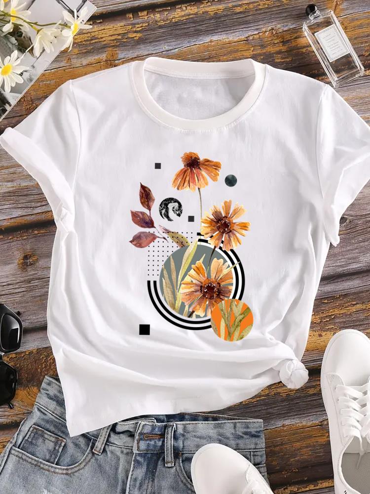 (Asian Size)  Tee Women Clothing Flower Lovely Trend Cute Casual Top Short Sleeve T Shirt Fashion Print Lady Female Graphic T-shirts