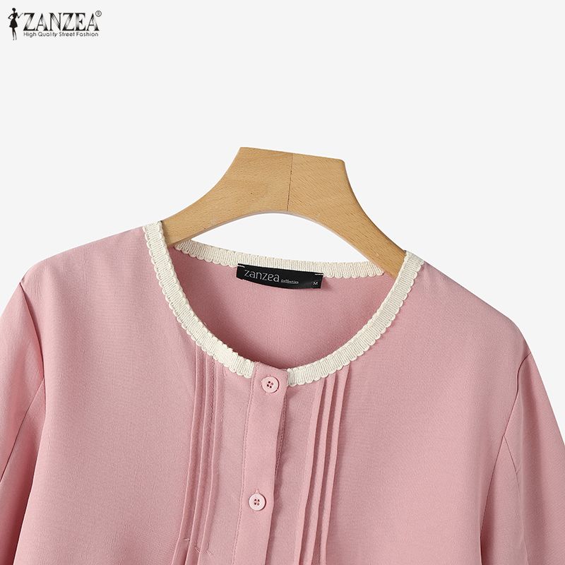 ZANZEA Women Casual Round Neck Solid Color Long Sleeve Blouse