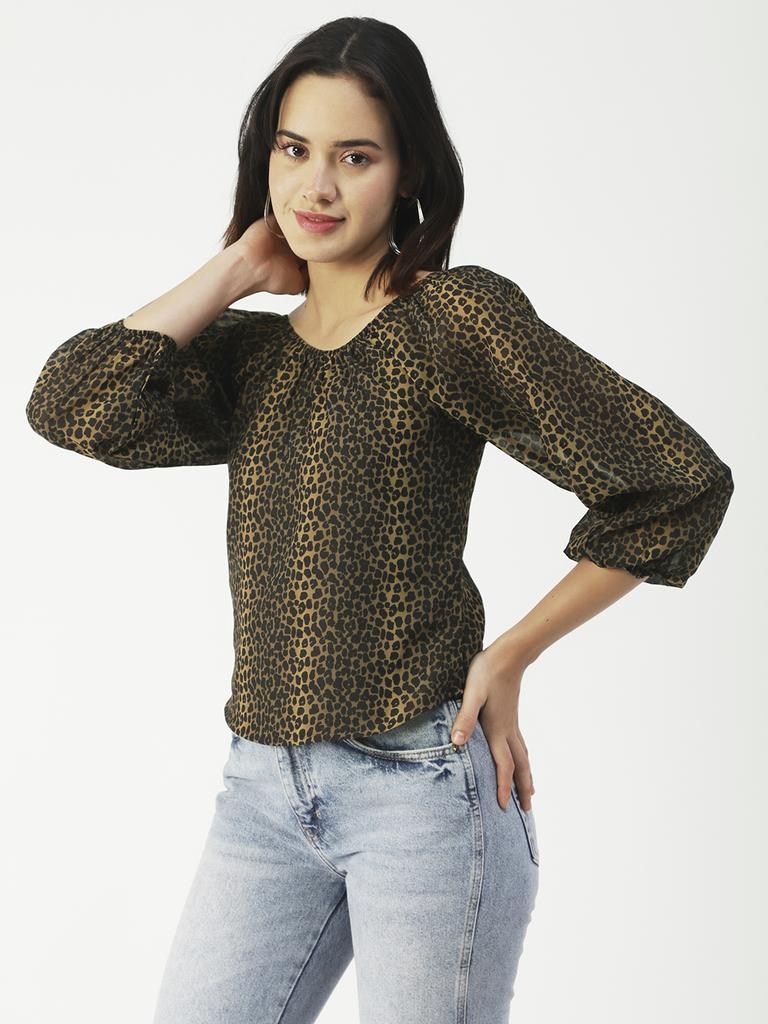 Moomaya Printed Top Round Neck Sheer Long Sleeve Tops For Women