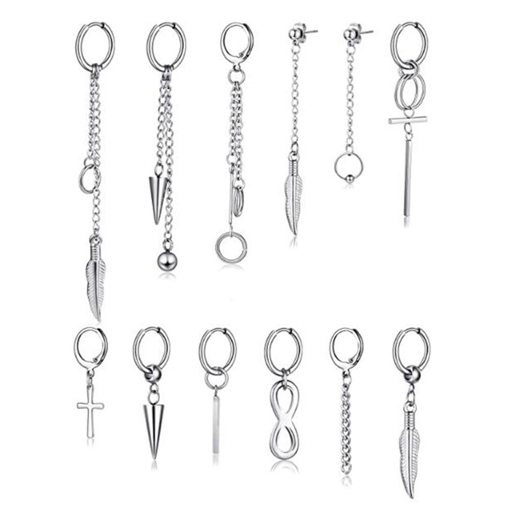 2pcs/set Black Or Silvery Unisex Punk Stainless Steel Cross Cone Feather Chain Pendant Hoop Earrings Ear Stud Jewelry Set