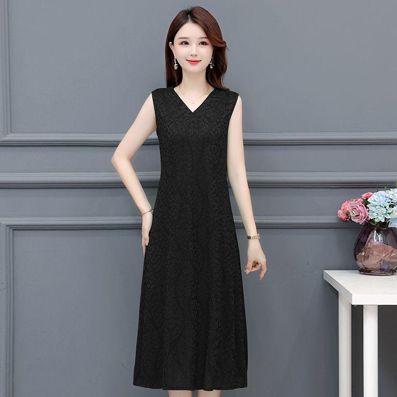 Fashionable V-Neck Sleeveless Dress Elegant Long Vest Dress Breathable Jacquard Fabric Stretchy Summer Dress