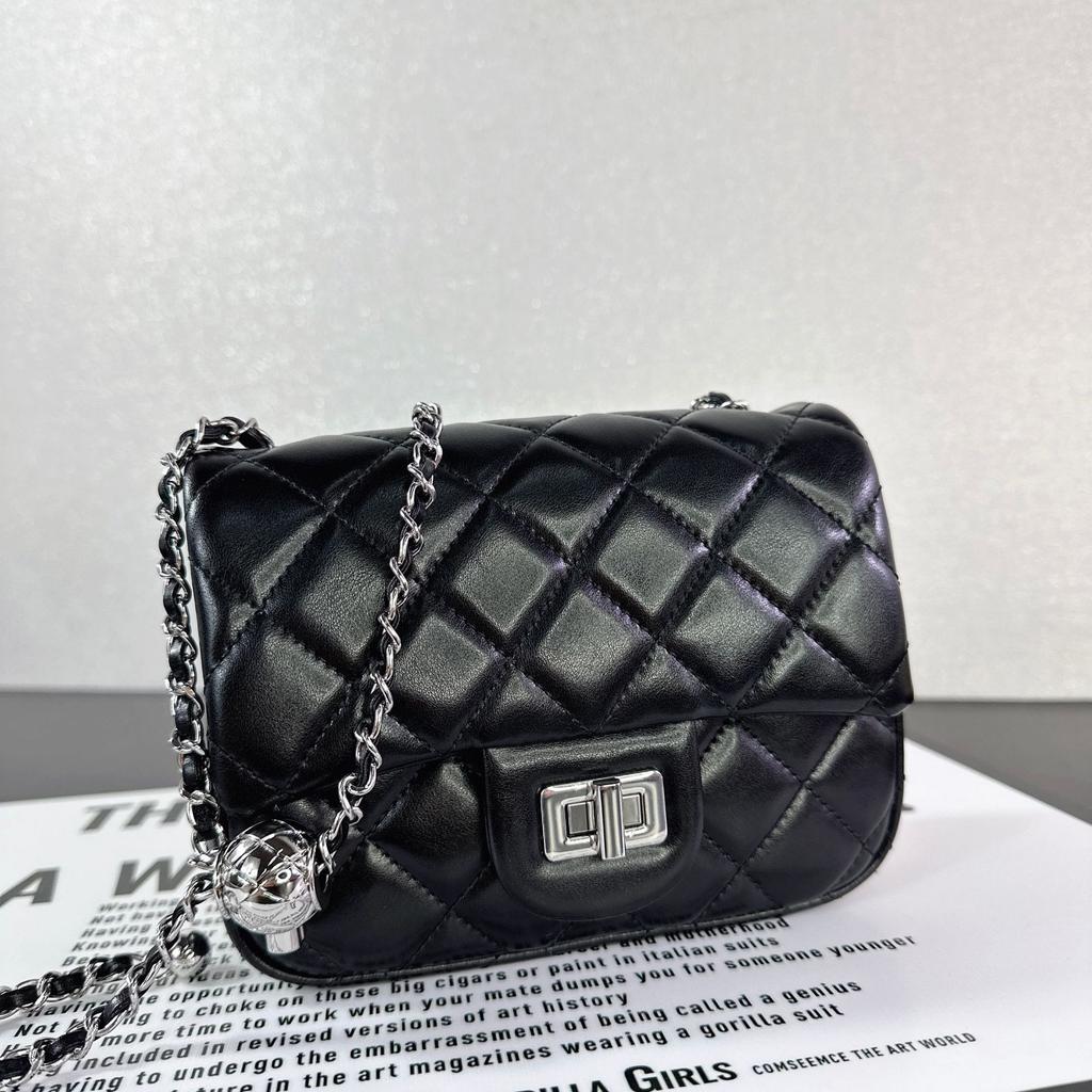New sheepskin rhombus chain bag silver buckle gold ball square fat leather small square bag single shoulder messenger bag women