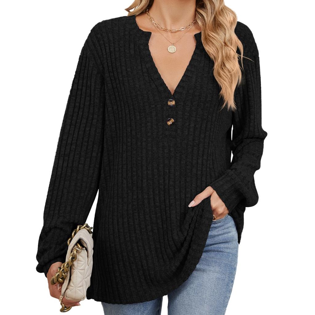 Fall Winter New Women's Solid Color Ribbed Brushed Button Loose Long Sleeve T-shirt Amazon Cross-border European American Style