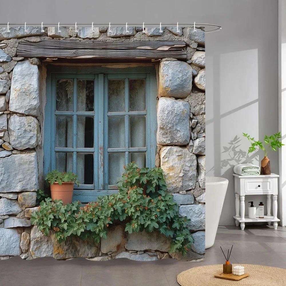 Utomhus Trädgård Affisch Duschdraperi Vintage Fönster Vägg Odla Blommor Polyestertyg Duschdraperier Badrumsdekor