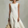 Abito Maxi Estivo da Donna Senza Maniche Girocollo in Misto Lino, Orlo Asimmetrico Irregolare, Vestito Lungo Lento Fluido Monocromatico, Abito da Sole Minimalista Casual per le Vacanze