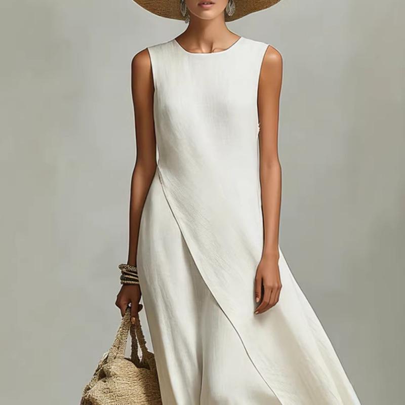 Abito Maxi Estivo da Donna Senza Maniche Girocollo in Misto Lino, Orlo Asimmetrico Irregolare, Vestito Lungo Lento Fluido Monocromatico, Abito da Sole Minimalista Casual per le Vacanze
