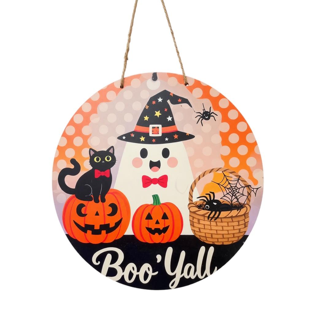 30cm Round Wooden Halloween Theme Door Sign Ghost Pumpkin Cat Party Wall Hanging Decoration for Home Indoor Outdoor Use