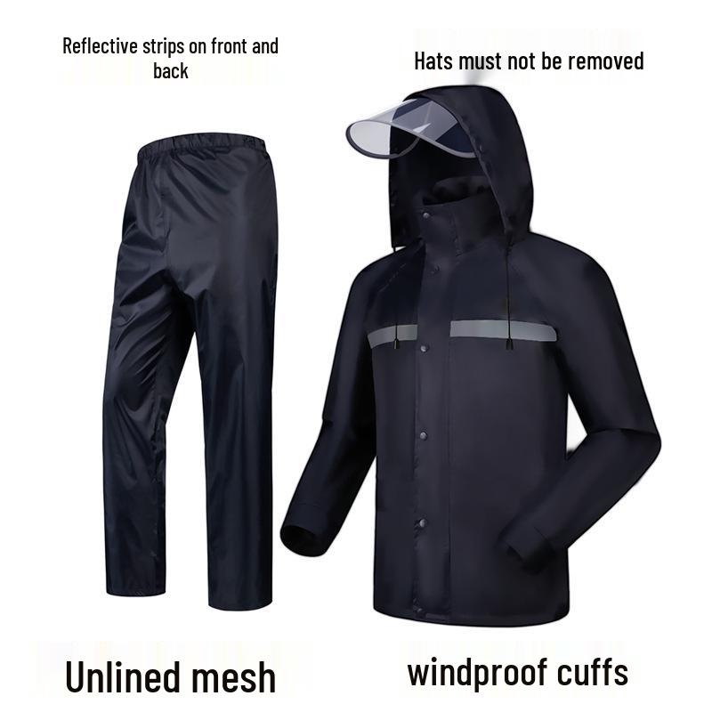 Men's Black Reflective Full-Body Raincoat and Pants Set for Motorcycle Riding