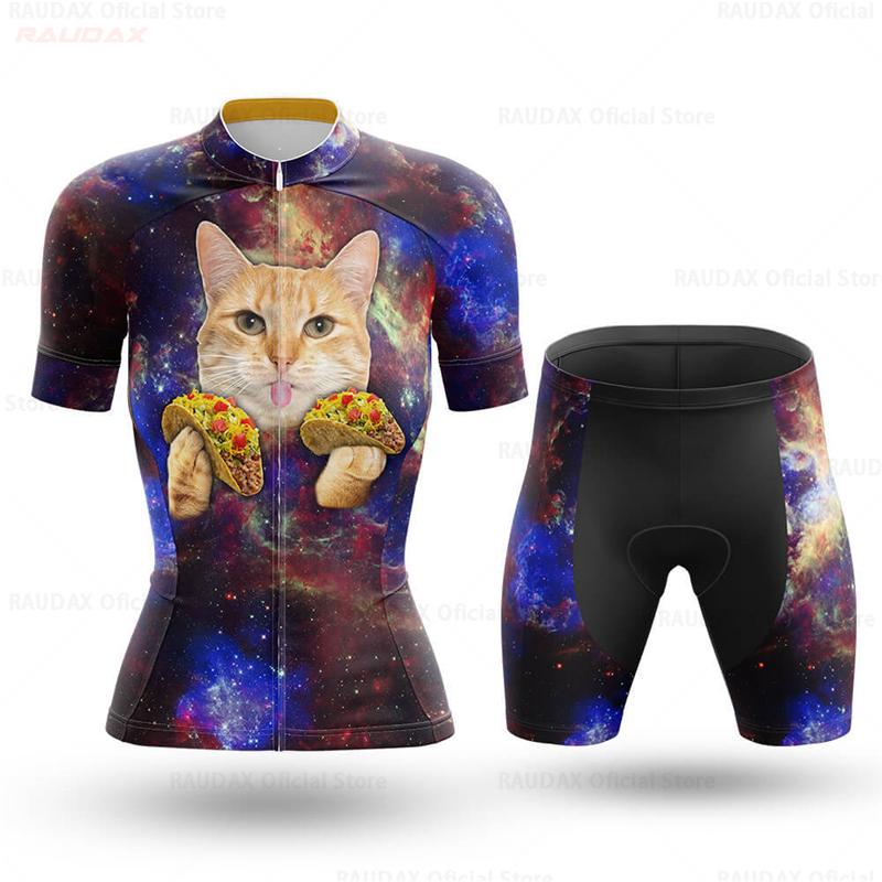 Women's Cycling Jersey Set Pink Cartoon Cat Summer Short Sleeve Breathable MTB Bike Cycling Clothing Maillot Ropa Ciclismo Mujer