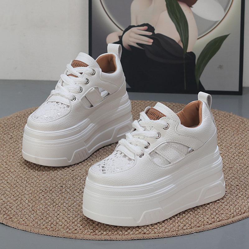 

Мода 12 см Воздушная сетка Натуральная кожа Женские Повседневные Туфли на платформе и танкетке Скрытый каблук Летняя обувь Массивные кроссовки Модные полые сандалии 34 белый