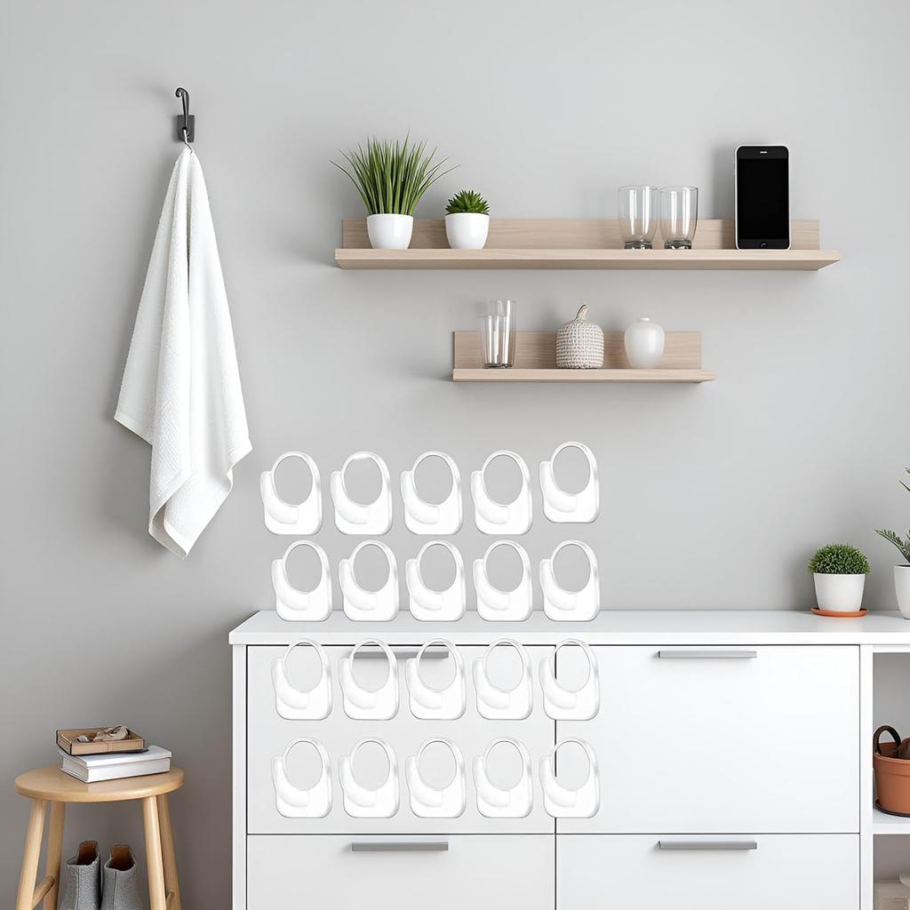 20-Pack Invisible Adhesive Hooks - Heavy Duty Clear Wall Hangers for Bathroom/Kitchen Organization, Damage-Free Removable Hooks for Towels, Utensils