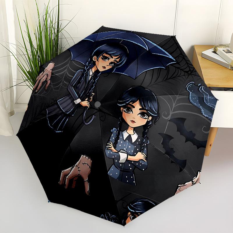 1pc Gothic Wednesday Automatic Folding Umbrella - Compact 8-Rib Design, Durable Plastic & Iron, Lightweight for Outdoor Daily Use,  a0929151