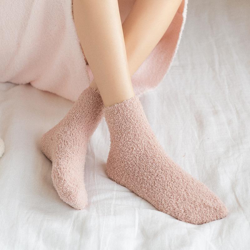 Autumn and Winter Half-fleece Socks, Coral Fleece Women's Solid Color Socks, Thickened Warm Mid-calf Socks, Postpartum Socks, Floor Socks