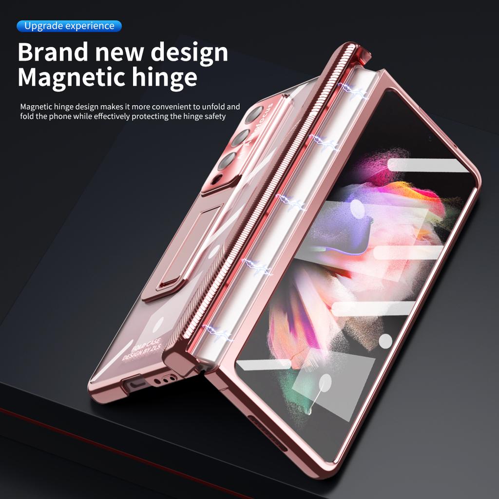 With S Pen Plating Clear Magnetic Case For Samsung Galaxy Z Fold 4 5G Kickstand 360 Full Screen Protector Phone Cover Z Fold 3