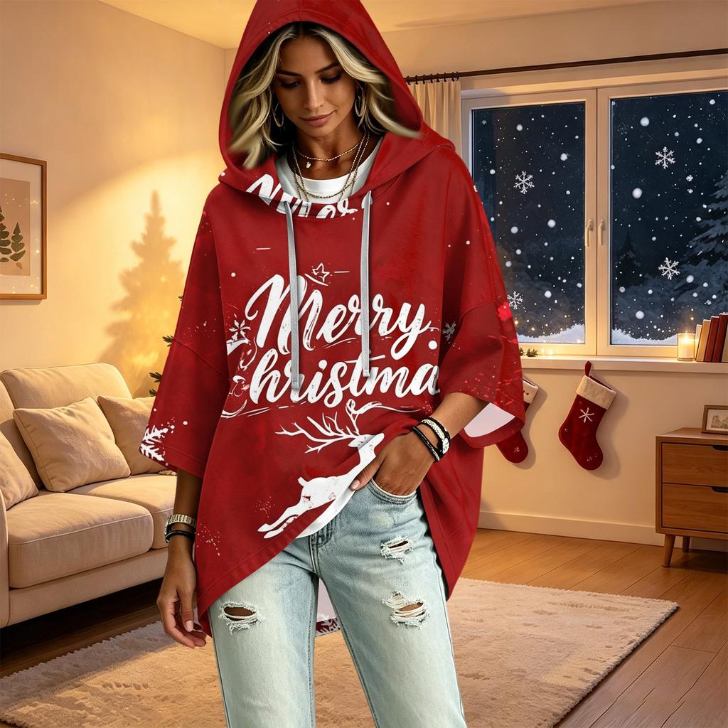 Women's 3/4 Sleeve Christmas Print Hooded Pullover Top Casual Holiday Outfit
