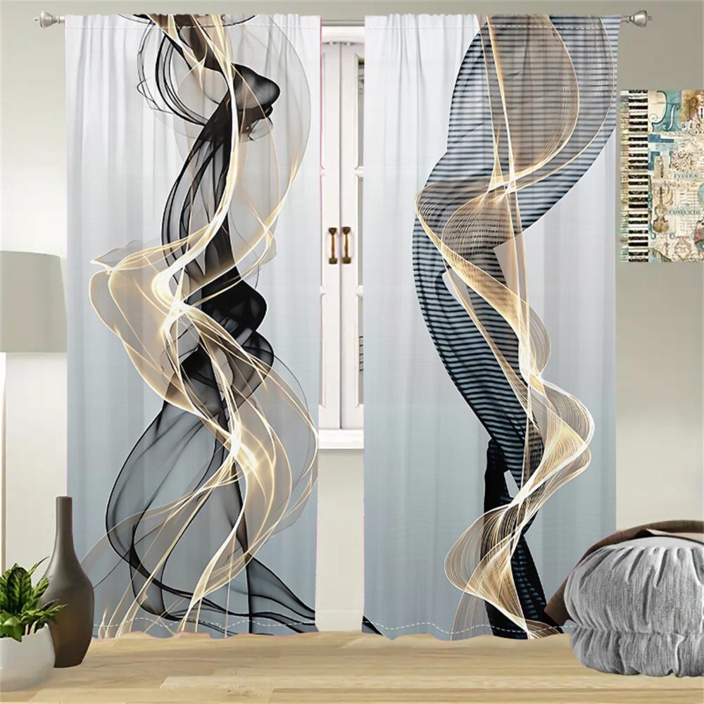 2 Pcs Abstract Art Curtains Black Gold Streamline Pattern Living Room Bedroom Window Decorative Curtains Modern Minimalist Style
