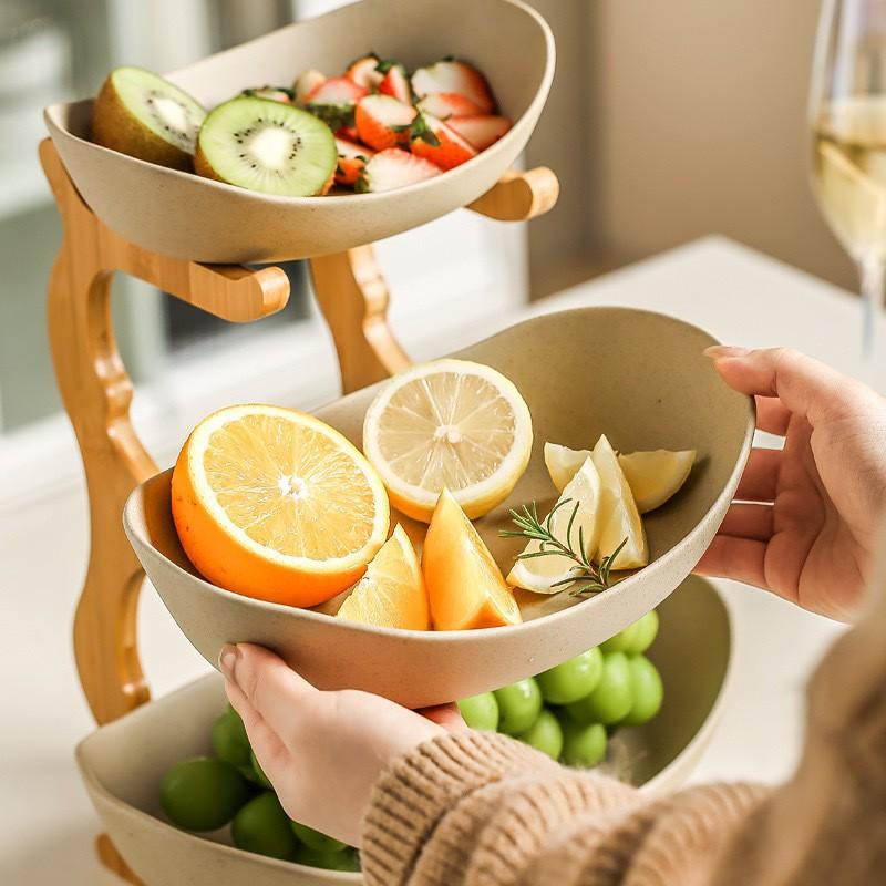 3-Tier Ceramic Fruit Tray With Bamboo Stand Modern Nordic Snack Server Kitchen Dining Table