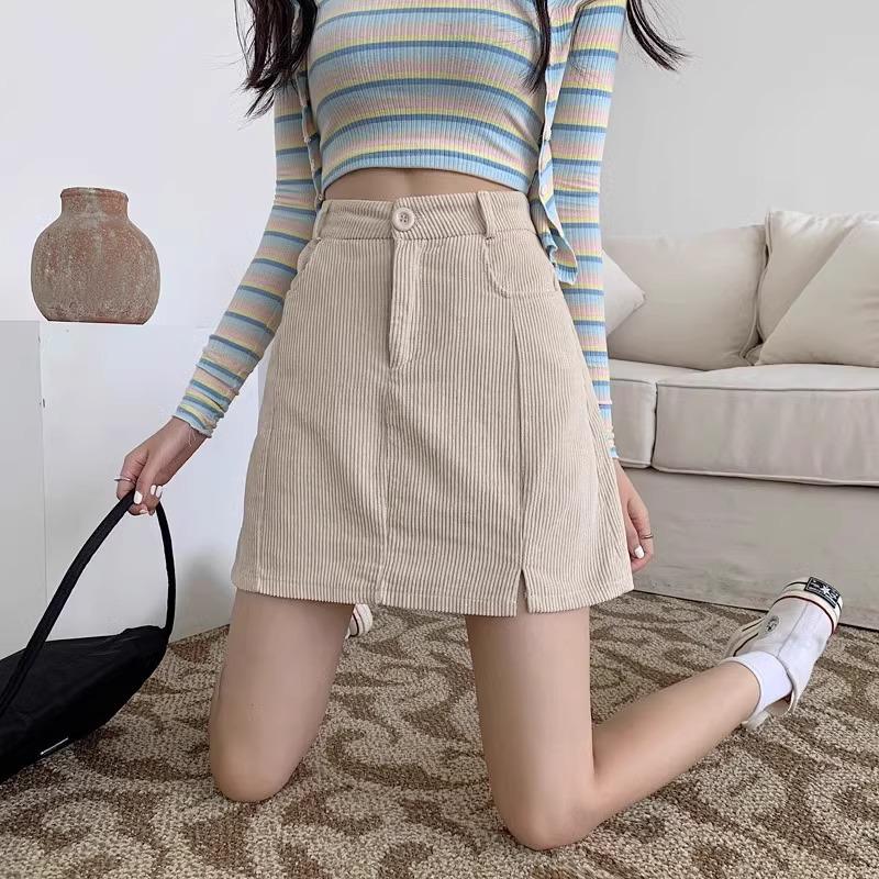 Korean Style Slimming High Waist Corduroy Midi Skirt - Autumn/Winter 2024