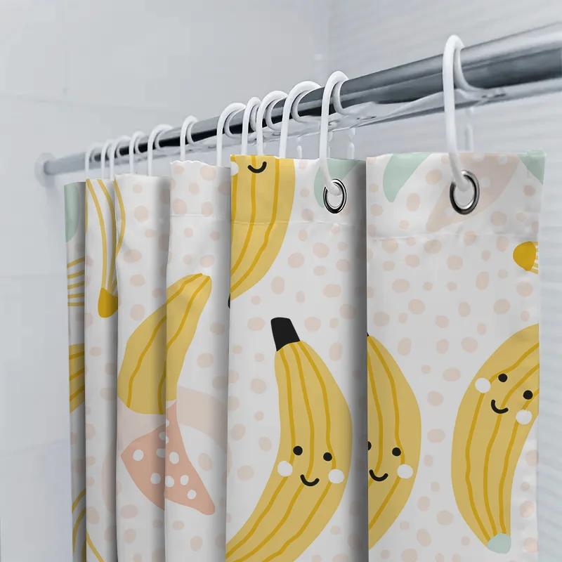 Happy Bananas Shower Curtain Waterproof Fabric Bathroom Decor For Kids Room Yellow Cartoon Fruit Print Design