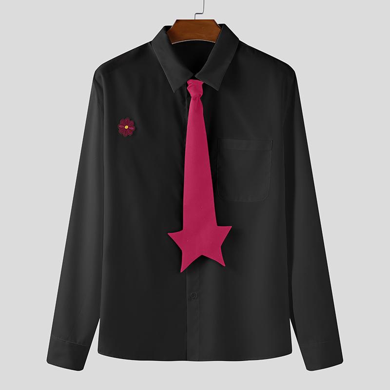 

INCERUN Oversized Men Casual Tie Up Long Sleeve Buttons Embroidery Floral Loose Shirts M чорний