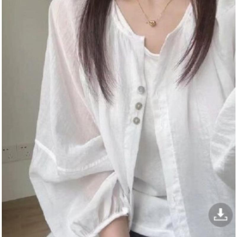 Women Round Neck Puff Sleeve Single Breasted Lightweight Cardigan S белый