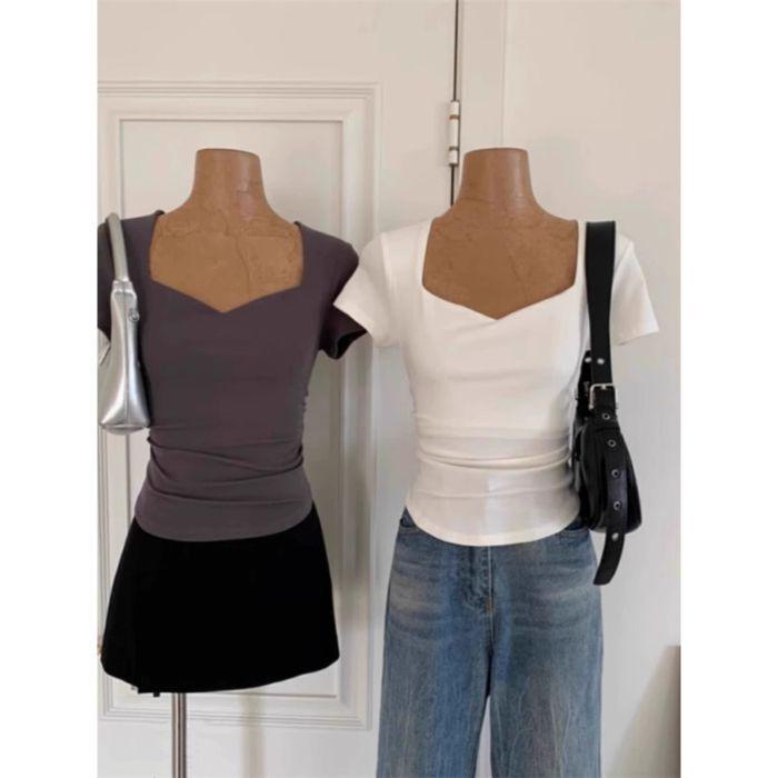 Korean Sweetheart Neckline Cotton T-Shirt - Women's Summer Slim Fit, Y2K Style, Straight Shoulder, Short Sleeve