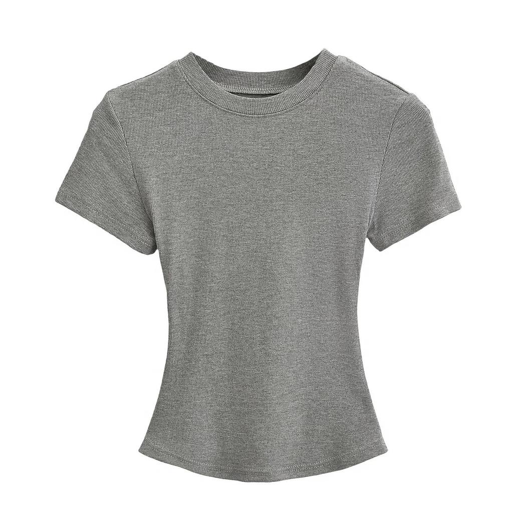 Women's Summer Stretch Slim Fit Ribbed Crop Top - Round Neck, Short Sleeve, Solid Color