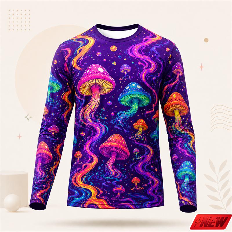 Trippy Psychedelic Mushroom Galaxy Pattern Long Sleeve T Shirt Men 3d Print Colorful Graphic Top Harajuku Street Casual New Tee