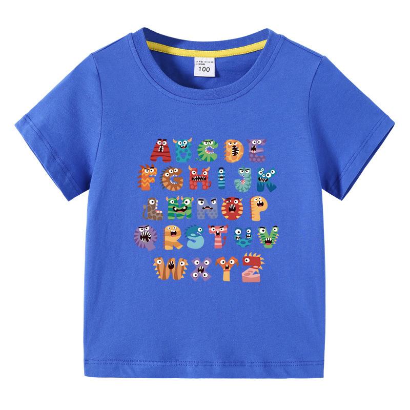 Boys Girls TShirt 26 Letters Print Black 100 Cotton Short Sleeve Tee Soft Casual Summer Tops for Kids Children