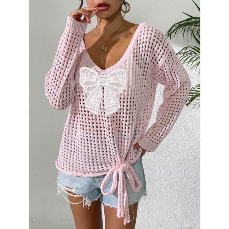 Women's Tops Hollow Blouse Long-sleeved Pullover Tie Butterfly Splicing Woolen Knitted Lazy Style Loose Sweater