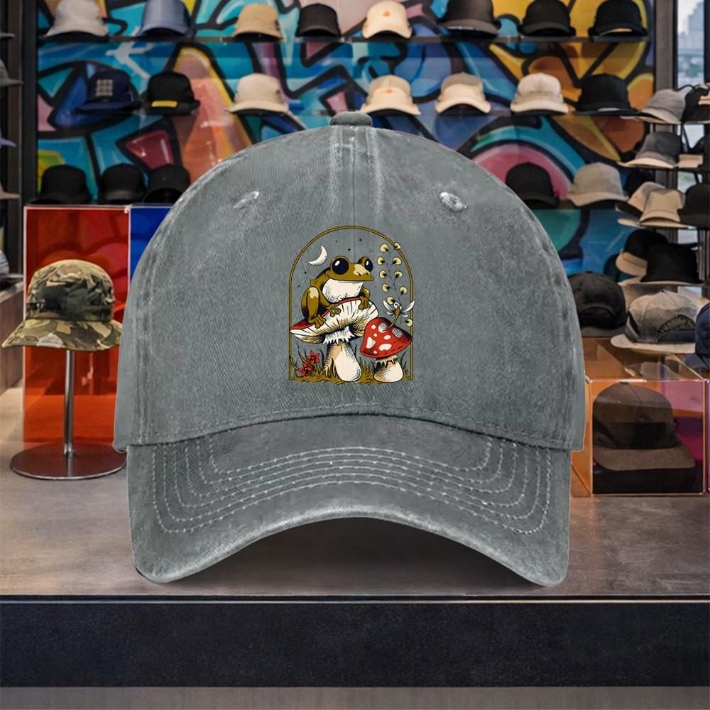 Frog Mushroom Graphic Baseball Cap Washed Cotton Vintage Adjustable Outdoor Casual Hat