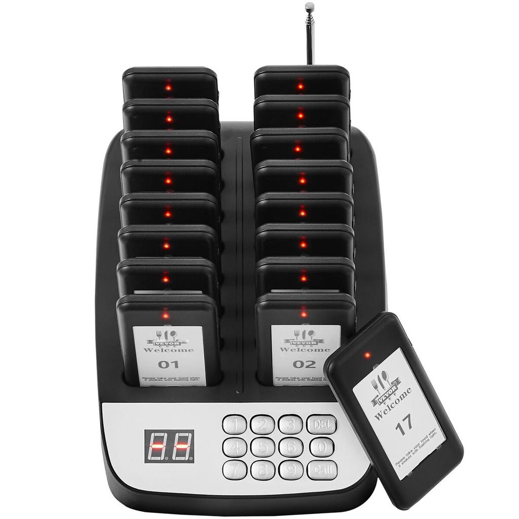 Restaurant-Pager-System, Kabellos 500m Reichweite Aufstell-Warteschlangen-Signal, Gäste-Kunden-Ruf-Piepser mit Vibration & Blinken, 16 Piepser