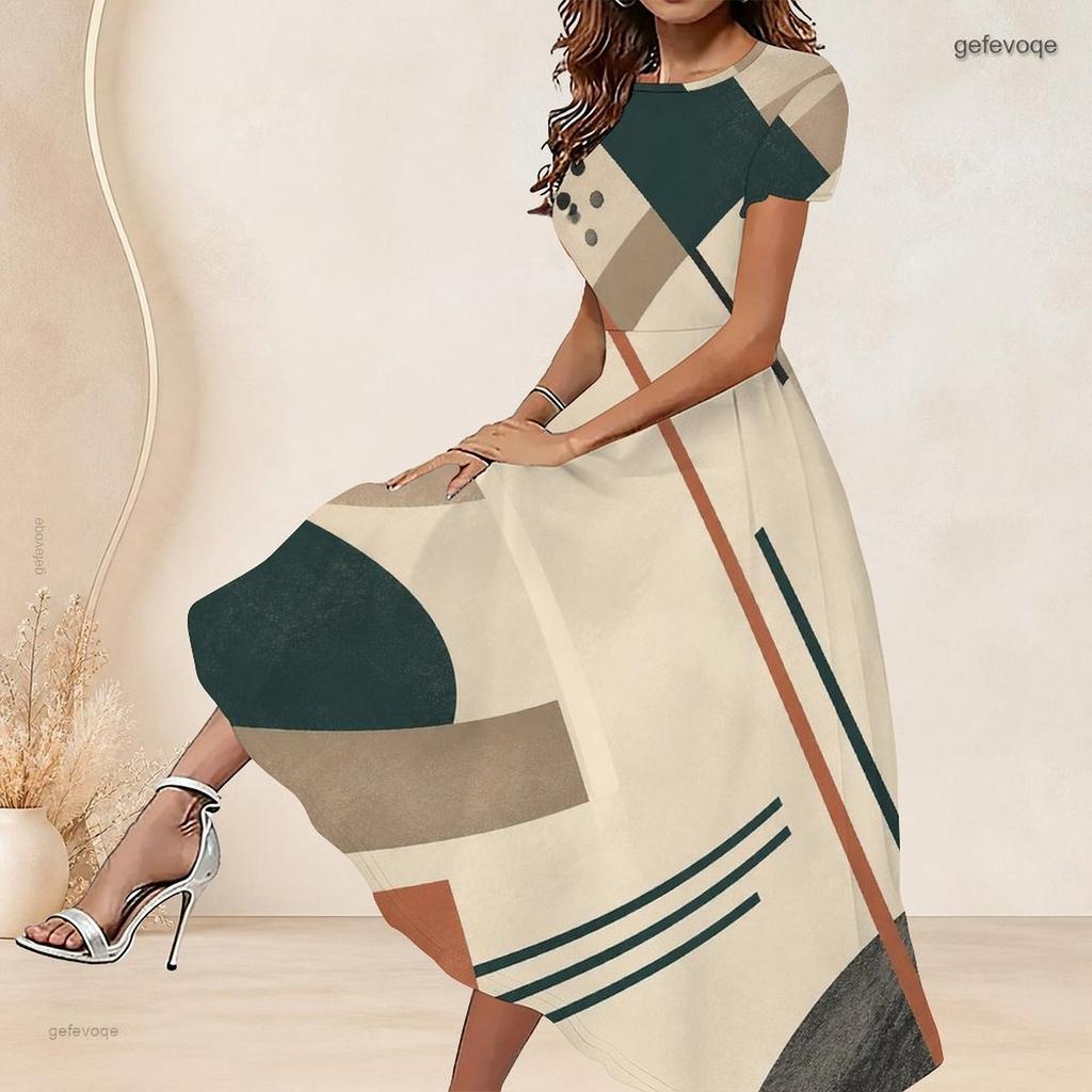 Women Plus Size Round Neck Short Sleeve Printed Gathered Waist A Line Long Dress