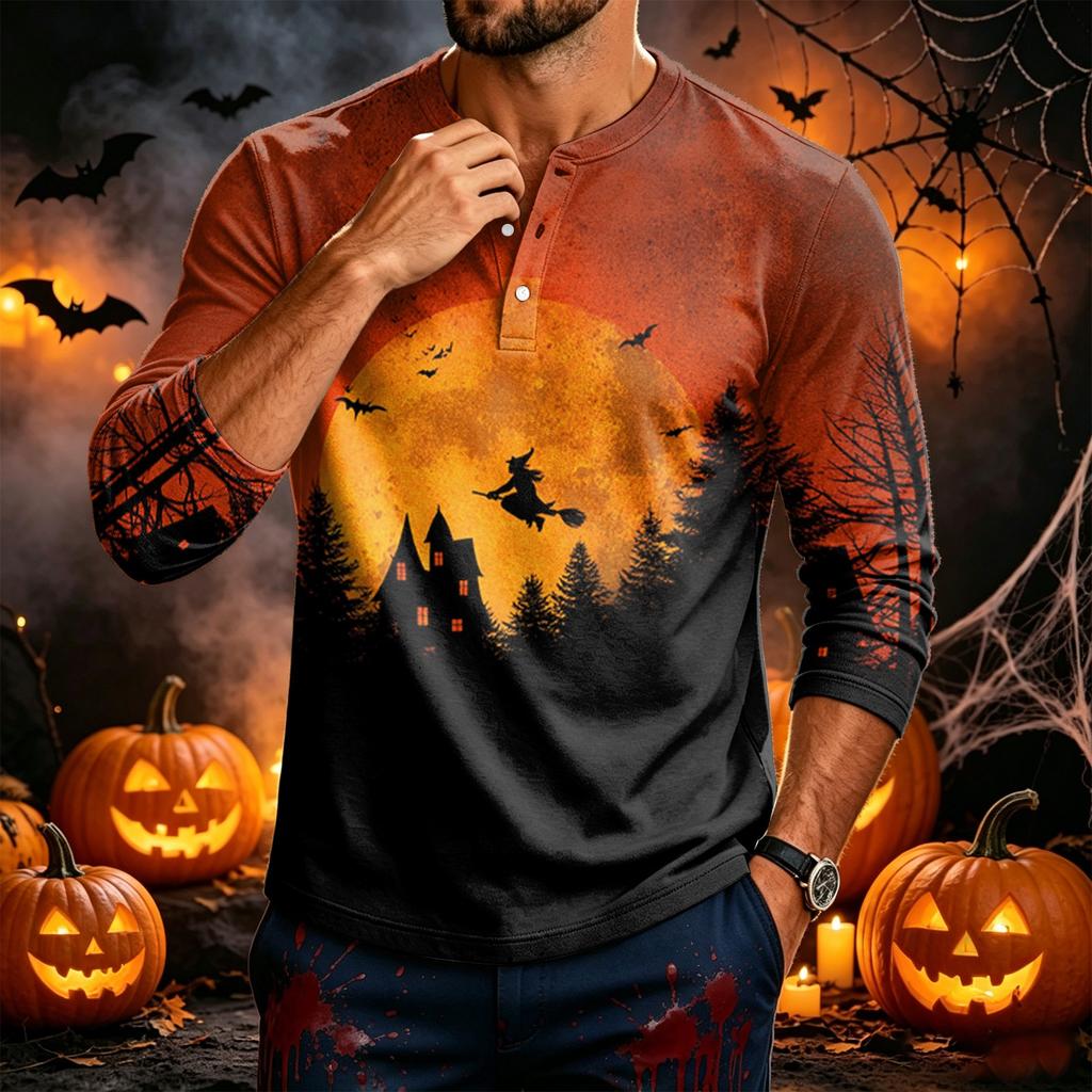 Men's Long Sleeve Tee with Halloween Print for Casual Wear