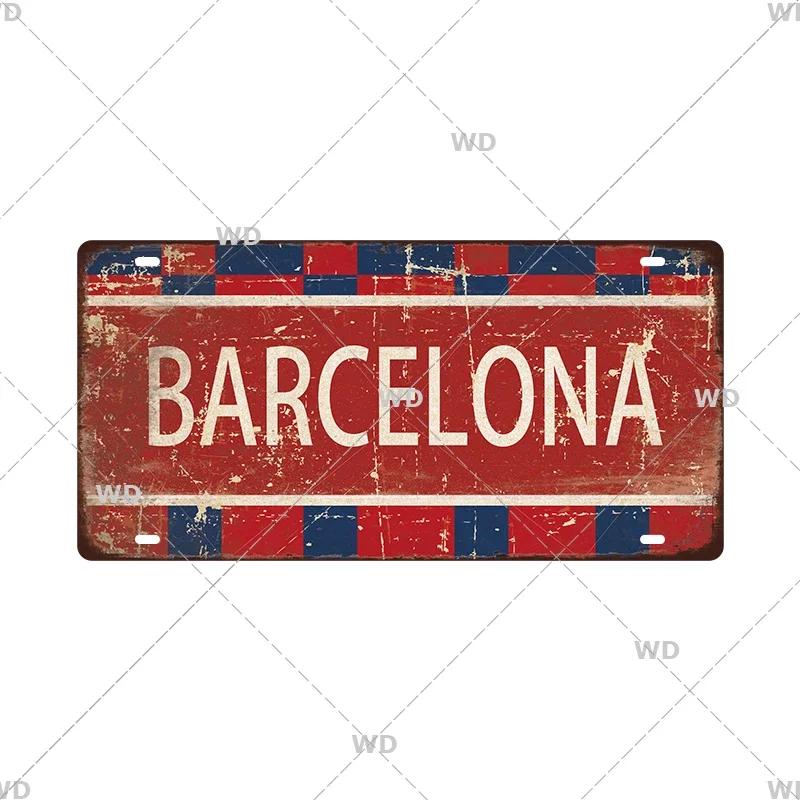 Spain City Metal Sign Licenses Plate Plaque Metal Vintage Tin Sign BARCELONA/MADRID/SEVILLE Flag Bar Pub Man Cave Club Poster