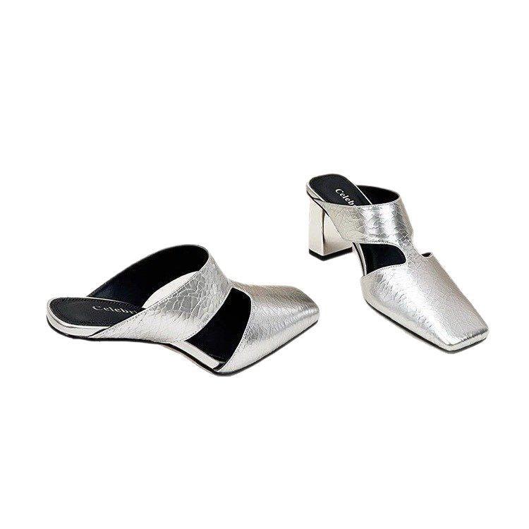 High-heeled cool slippers summer new bag head empty women's slippers simple outer wear fashion square head thick heel slippers women