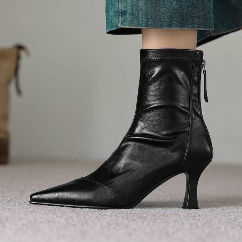 Neue, hochhackige Damenstiefel in großen Größen, mit Reißverschluss hinten, weicher Sohle aus Rindersehnenmaterial, komfortablem Reißverschluss hinten, einfarbigem, vielseitigem Stiletto-Stiefel mit mittelhohem Absatz.