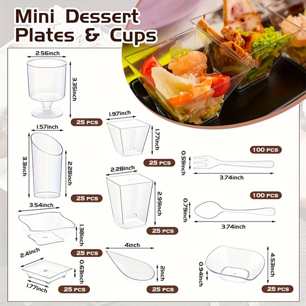 400ks Průhledné Talíře Dezertní Pohárky Lžíce Vidlička Sada Více Tvarů Plastové Pohárky na Zmrzlinu Jednorázové Nádobí Párty Jídelní Doplňky