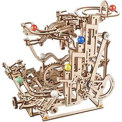 UGEARS Marble Run Tiered Hoist - Wooden Marble Run Kit with 10 Colored Marbles