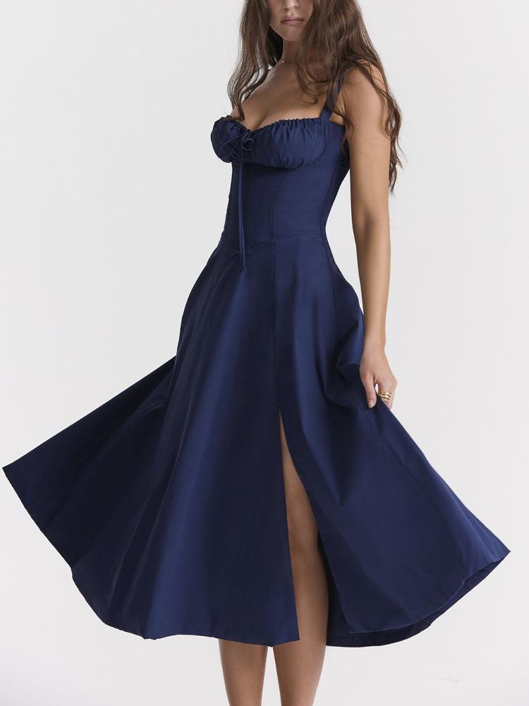 

Елегантна суцільна сукня на підтяжках. Жіноча модна тонка шнурована сукня без рукавів. Нові літні шикарні жіночі клубні вечірні сукні. M темно-синього кольору