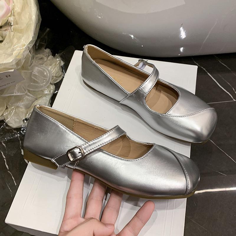French Mary Jane silver square head light mouth single shoes women's 2025 new autumn skirt flat bottom gentle small leather shoes