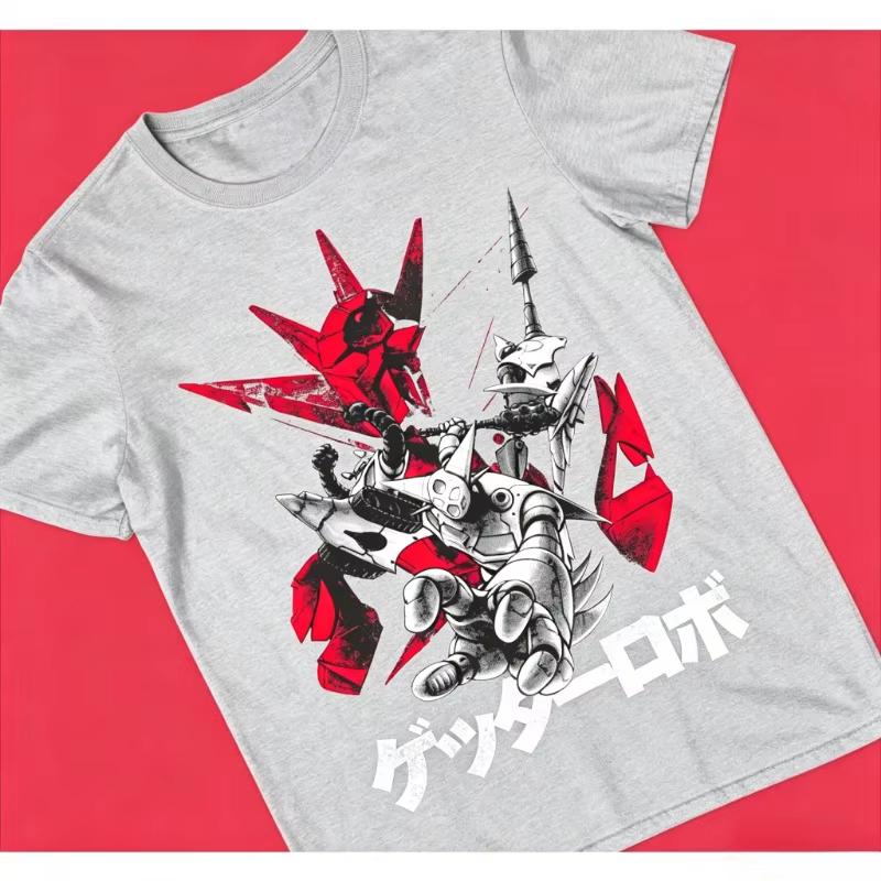 Getter Robo Super Robot Print Vintage Washed Unisex Harajuku Style Loose Crew Neck Cotton Short Sleeve Women And Men T-shirt
