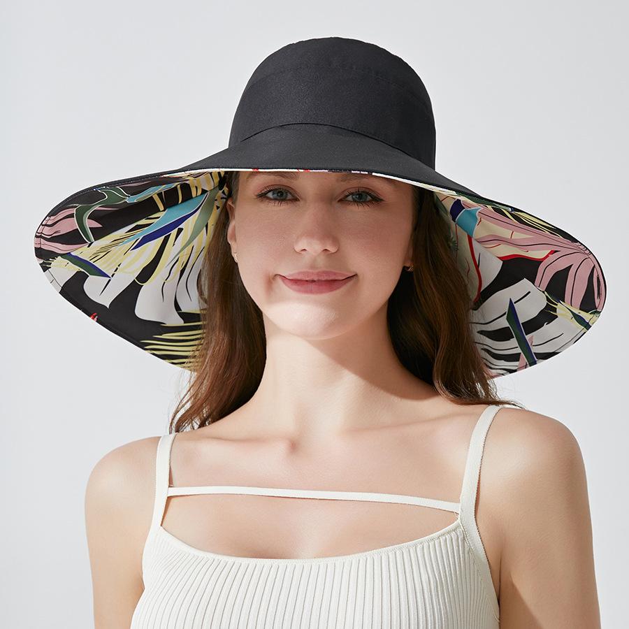 Cappello da Pescatore Estivo a Tesa Larga Double-Face con Stampa Parasole per Donna