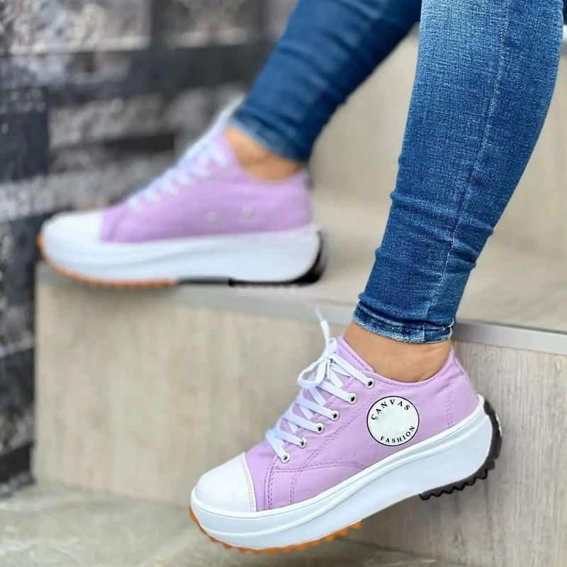 Scarpe di Tela Primavera Estate da Donna Moda Colore Caramella Sneakers con Zeppa Allacciatura Scarpe Singole da Donna Scarpe Piatte Casual da Donna