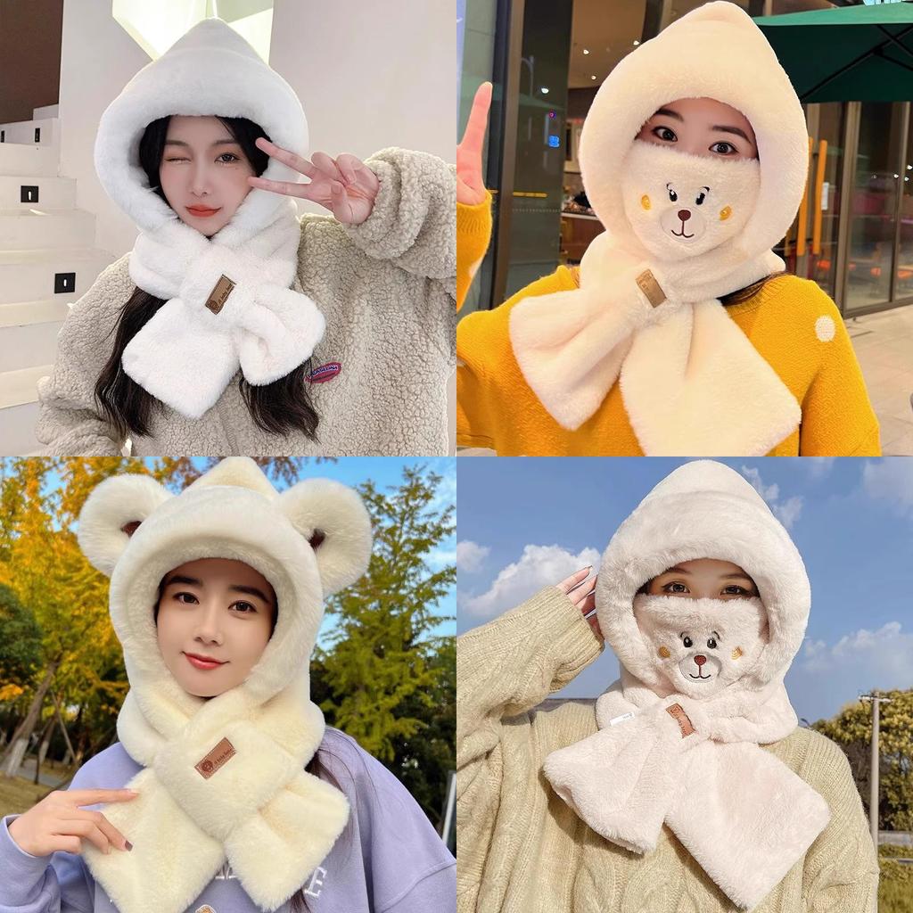 Plush Hooded Scarf For Women With Windproof Neck Cover And Soft Polyester Material
