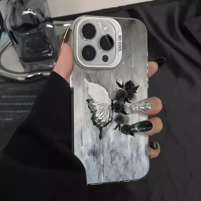 Black and White Butterfly Rose for iPhone16plus Mobile Phone Case 12promax Apple 15 Anti-drop 14 Matte 13