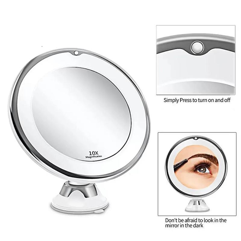 Flexible Gooseneck Makeup Mirror With LED Light 10X Magnifying Mirror Suction Cup Bright Diffused Light And 360 Degree Swivel