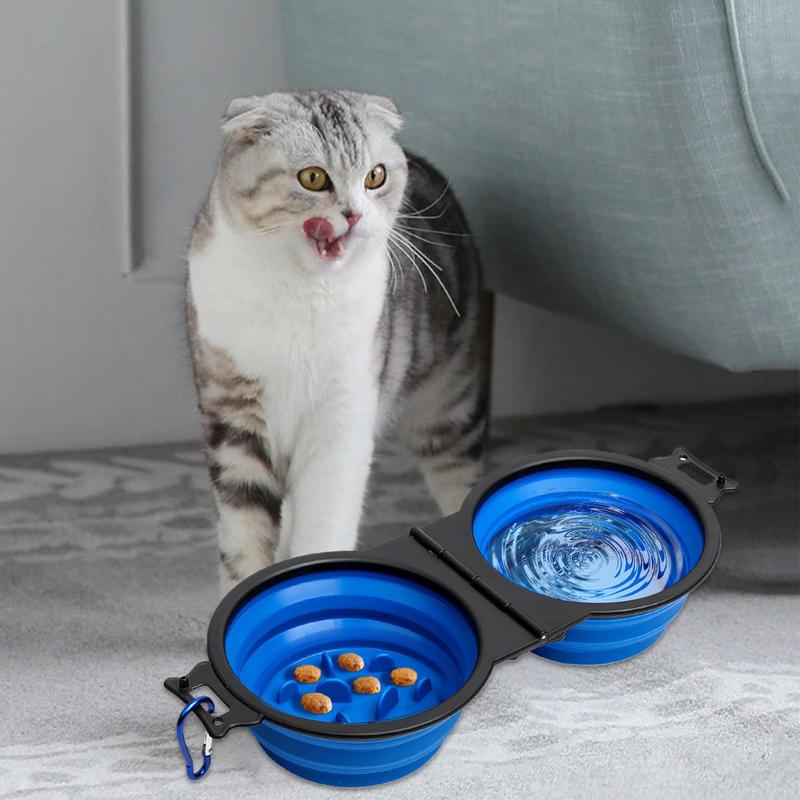 Foldable Double Dog Bowl Travel Water Food Bowl for Dogs Slow Pet Food Water Feeder with Lock Clips for Walking Hiking Camping