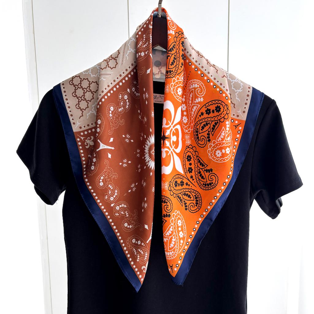 Luxury Silk 70cm Square Scarf For Women Bandanas Fashion Lady Hairband Female Cashew Print Neckerchief Hijab Bag Ribbon