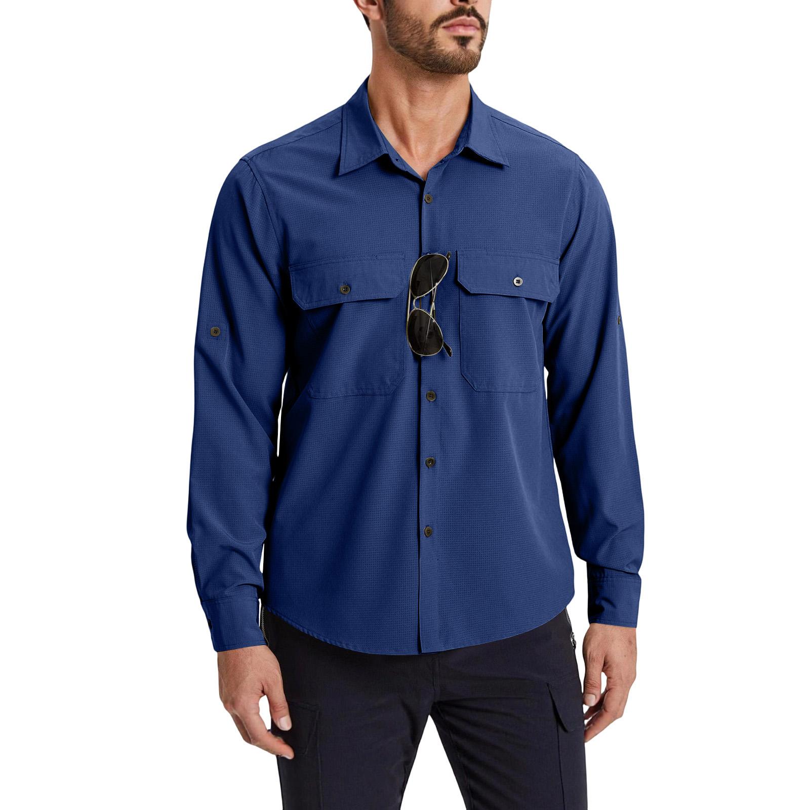 

Men s Color Casual Loose Button Multi-Pocket Sun-Protective Breathable Workwear Long-Sleeved Shirt M синій